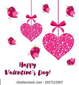 Greeting card day of St. Valentine. Abstract design, pink birds, hearts, gifts, vector.