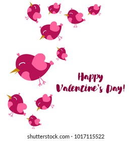 Greeting card day of St. Valentine. Abstract design, pink birds, hearts, gifts, vector.