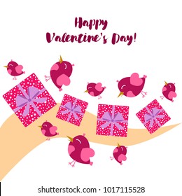 Greeting card day of St. Valentine. Abstract design, pink birds, hearts, gifts, vector.