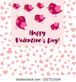 Greeting card day of St. Valentine. Abstract design, pink birds, hearts, gifts, vector.