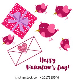 Greeting card day of St. Valentine. Abstract design, pink birds, hearts, gifts, vector.
