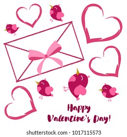 Greeting card day of St. Valentine. Abstract design, pink birds, hearts, gifts, vector.