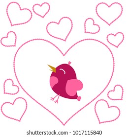 Greeting card day of St. Valentine. Abstract design, pink birds, hearts, gifts, vector.