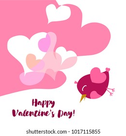 Greeting card day of St. Valentine. Abstract design, pink birds, hearts, gifts, vector.