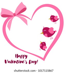 Greeting card day of St. Valentine. Abstract design, pink birds, hearts, gifts, vector.