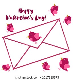 Greeting card day of St. Valentine. Abstract design, pink birds, hearts, gifts, vector.