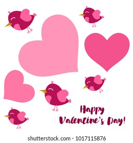 Greeting card day of St. Valentine. Abstract design, pink birds, hearts, gifts, vector.