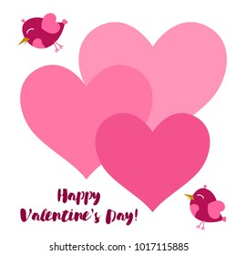 Greeting card day of St. Valentine. Abstract design, pink birds, hearts, gifts, vector.