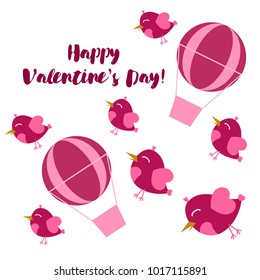 Greeting card day of St. Valentine. Abstract design, pink birds, hearts, gifts, vector.