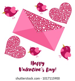 Greeting card day of St. Valentine. Abstract design, pink birds, hearts, gifts, vector.