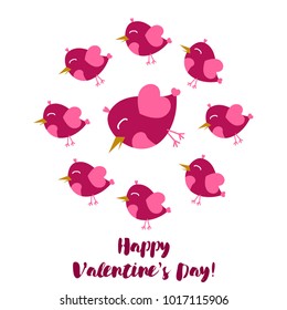 Greeting card day of St. Valentine. Abstract design, pink birds, hearts, gifts, vector.