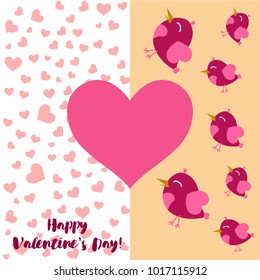 Greeting card day of St. Valentine. Abstract design, pink birds, hearts, gifts, vector.