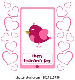 Greeting card day of St. Valentine. Abstract design, pink birds, hearts, gifts, vector.