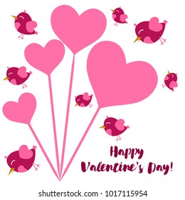 Greeting card day of St. Valentine. Abstract design, pink birds, hearts, gifts, vector.