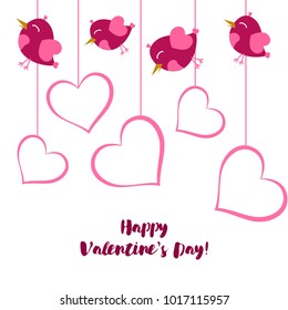Greeting card day of St. Valentine. Abstract design, pink birds, hearts, gifts, vector.