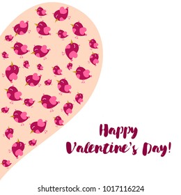 Greeting card day of St. Valentine. Abstract design, pink birds, hearts, gifts, vector.