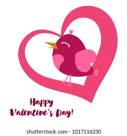 Greeting card day of St. Valentine. Abstract design, pink birds, hearts, gifts, vector.