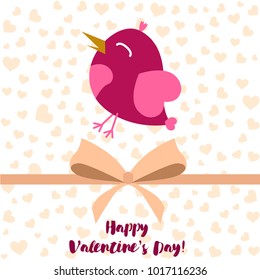 Greeting card day of St. Valentine. Abstract design, pink birds, hearts, gifts, vector.