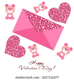 Greeting card day of St. Valentine. Abstract design, pink teddy bear with hearts in hands, hearts, gifts, vector.