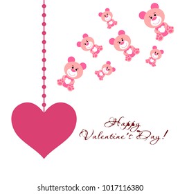 Greeting card day of St. Valentine. Abstract design, pink teddy bear with hearts in hands, hearts, gifts, vector.
