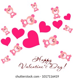 Greeting card day of St. Valentine. Abstract design, pink teddy bear with hearts in hands, hearts, gifts, vector.