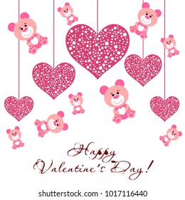 Greeting card day of St. Valentine. Abstract design, pink teddy bear with hearts in hands, hearts, gifts, vector.