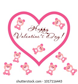 Greeting card day of St. Valentine. Abstract design, pink teddy bear with hearts in hands, hearts, gifts, vector.