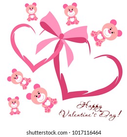 Greeting card day of St. Valentine. Abstract design, pink teddy bear with hearts in hands, hearts, gifts, vector.