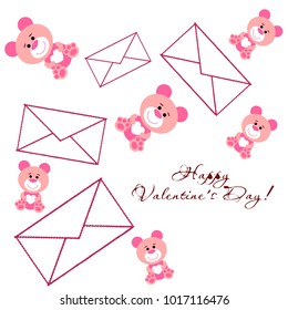 Greeting card day of St. Valentine. Abstract design, pink teddy bear with hearts in hands, hearts, gifts, vector.