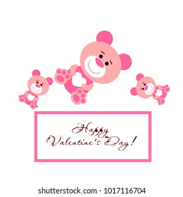 Greeting card day of St. Valentine. Abstract design, pink teddy bear with hearts in hands, hearts, gifts, vector.