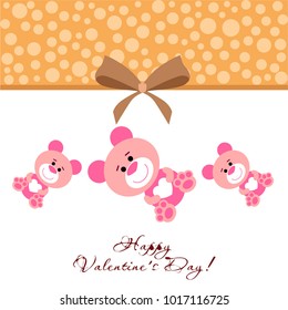 Greeting card day of St. Valentine. Abstract design, pink teddy bear with hearts in hands, hearts, gifts, vector.
