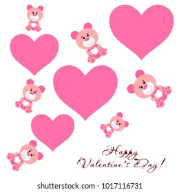 Greeting card day of St. Valentine. Abstract design, pink teddy bear with hearts in hands, hearts, gifts, vector.