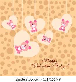 Greeting card day of St. Valentine. Abstract design, pink teddy bear with hearts in hands, hearts, gifts, vector.