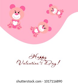 Greeting card day of St. Valentine. Abstract design, pink teddy bear with hearts in hands, hearts, gifts, vector.