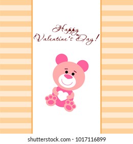 Greeting card day of St. Valentine. Abstract design, pink teddy bear with hearts in hands, hearts, gifts, vector.