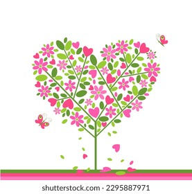 Greeting card for mother’s day, wedding, birthday, baby arrival invitations on white background with abstract paper cutting cherry-tree in heart shape and flying butterflies