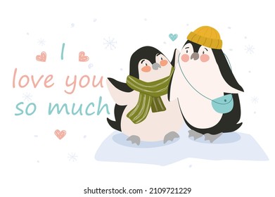 Greeting card with declaration of love concept background. Cute penguins hug and have romantic feelings. Loving animals couple dating and express emotions. Vector illustration in flat cartoon design