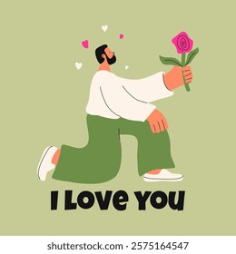 Greeting card - declaration of love for Valentine's Day, birthday, Women's Day. I love you. Hand drawn trendy character. Man stands on one knee and holds out flower. Vector