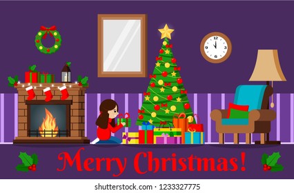 Greeting card with decorated christmas tree and gifts under the tree, fireplace, furniture.Girl puts a gift under the tree.Merry Christmas and a happy new year. Cartoon flat style vector illustration.
