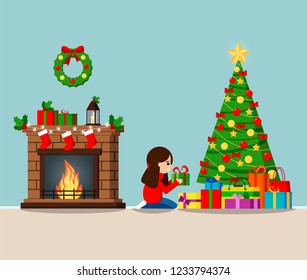 Greeting card with decorated christmas tree and gifts under the tree, fireplace.Girl puts a gift under the tree.Merry Christmas and a happy new year. Cartoon flat style vector illustration.