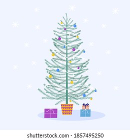 Greeting card with decorated christmas tree and presents, gift 
