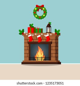 Isolated Fireplace Decorated Christmas Gifts Mistletoe Stock Vector ...