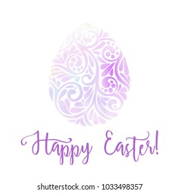 Greeting card decorated with Easter egg and the inscription Happy Easter! in soft ultra violet colors.  Stock vector illustration Isolated on white background.