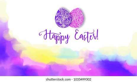 Greeting card decorated with Easter eggs and the inscription Happy Easter! in soft ultra violet colors.  Stock vector illustration on watercolor background.