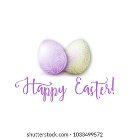 Greeting card decorated with Easter eggs and the inscription Happy Easter! in soft ultra violet colors.  Stock vector illustration Isolated on white background.