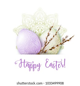 Greeting card decorated with Easter eggs and the inscription Happy Easter! in soft ultra violet colors.  Stock vector illustration Isolated on white background.