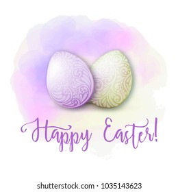 Greeting card decorated with Easter eggs and the inscription Happy Easter! in soft ultra violet colors.  Stock vector illustration Isolated on white background.