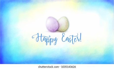 Greeting card decorated with Easter eggs and the inscription Happy Easter! in soft ultra violet colors.  Stock vector illustration on watercolor background.