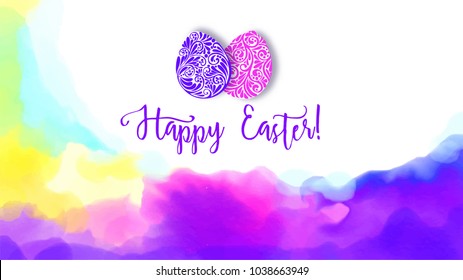 Greeting card decorated with Easter eggs and the inscription Happy Easter! in soft ultra violet colors.  Stock vector illustration on watercolor background.