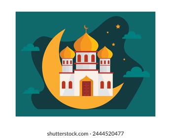 Greeting card decorated with mosque, moon, stars and clouds at night. Celebrating Eid day for Muslims. Character design. Vector flat illustration